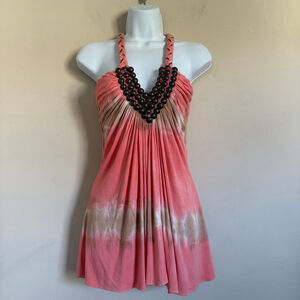 Sky Pink Brown Tie-Dye Halter Tank Top L Y2k Studded Neckline
